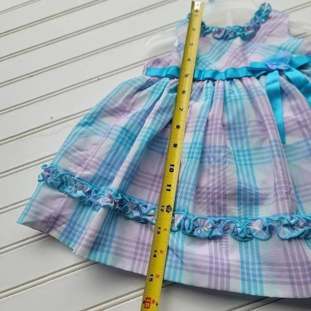 2PC BONNIE BABY WHITE TEAL LILA EMPIRE WAIST DRESS BUTTONS TIES BACK 6-9 Mos